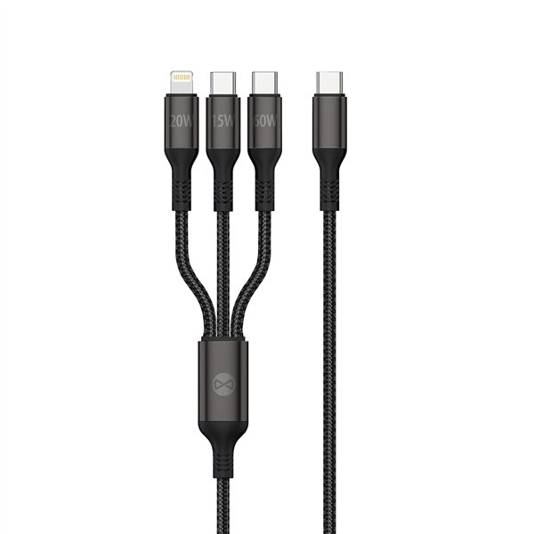 Forever 3in1 -kaapeli USB-C - Lightning + 2x USB-C 1,2 m 60W musta