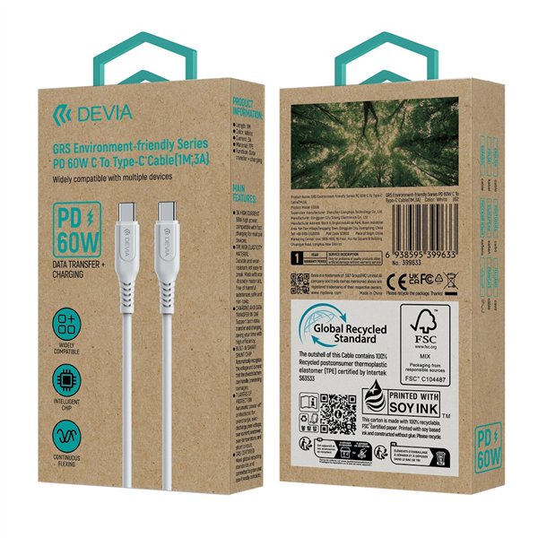 Devia kabelis GRS EC636 PD USB-C - USB-C 1,0 m 60W 3A balts
