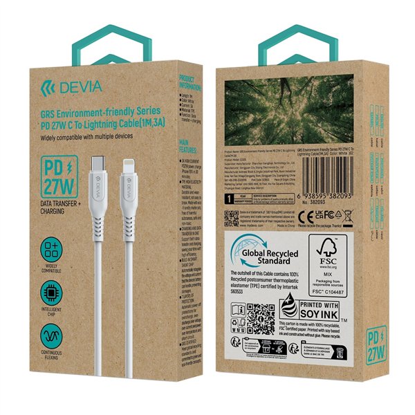 Кабель Devia GRS EC635 PD USB-C - Lightning 1,0 м 27 Вт 3 А белый