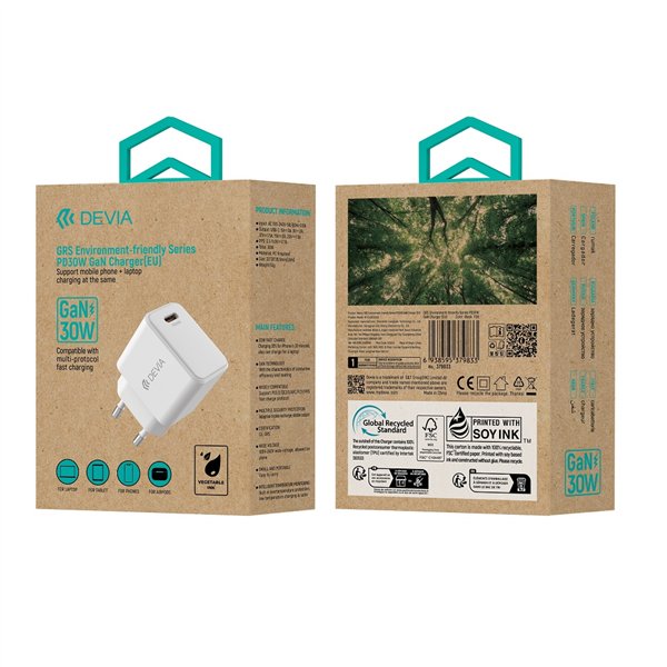 Devia sieninis įkroviklis GRS EA457 GaN PD 30W 1x USB-C baltas