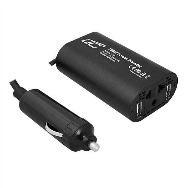 Virtamuuntimen sisääntulo: 12V DC ulostulo: 230V/50Hz, 150W + 2xUSB 5V/2.4A LTC