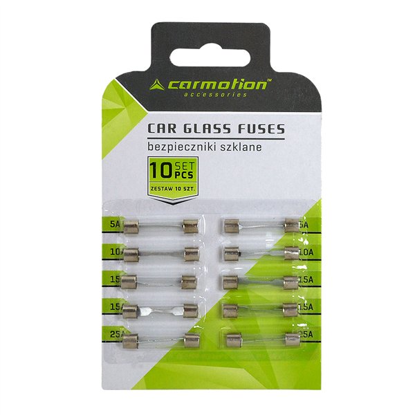 30 mm stikla drošinātāju komplekts: 5A, 10A, 15A, 25A, 10 gab. iepakojumā.