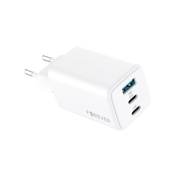 Forever TC-08-65ACC GaN PD QC lādētājs 2x USB-C 1x USB 65W balts