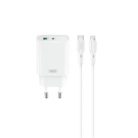 XO wall charger CE30 PD 30W 1x USB-C 1x USB white + cable USB-C - Lightning
