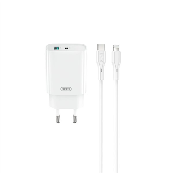 XO wall charger CE30 PD 30W 1x USB-C 1x USB white + cable USB-C - Lightning
