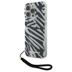 Karl Lagerfeld dėklas, skirtas iPhone 16 Pro 6,3 colio, KLHCP16LHZBPKCCK, juodas, kietas IML zebro raštas ir virvelė.