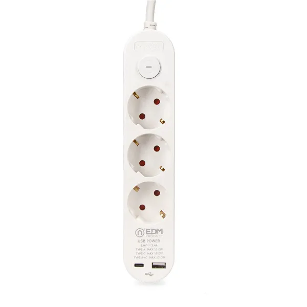 3-kontaktligzdu korpuss ar strāvas slēdzi EDM 41822 Balts 3680 W 250 V 30 W (1,5 m)