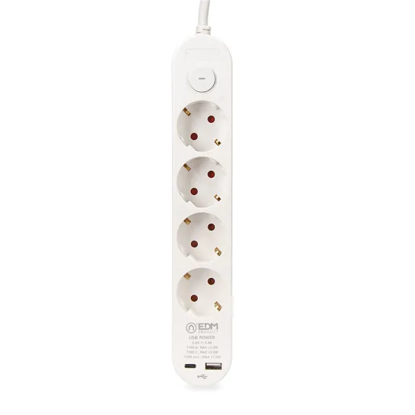 4 kištukų lizdas su maitinimo jungikliu EDM 41823 Balta 3680 W 250 V 30 W (1,5 m)