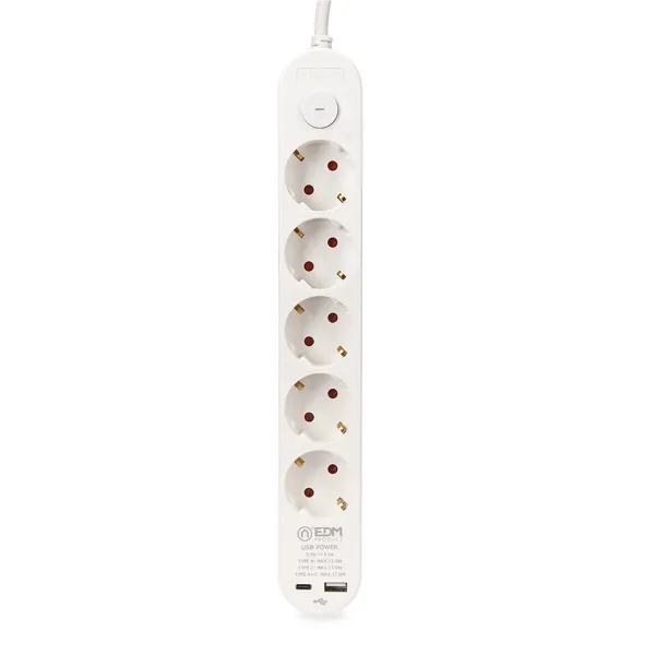 Strāvas virtene - 5 ligzdas ar Slēdzi EDM 41824 Balts 3680 W 250 V (1,5 m)
