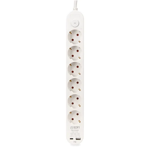 Strāvas virtene - 6 ligzdas ar Slēdzi EDM 41825 Balts 3680 W 250 V 30 W (1,5 m)
