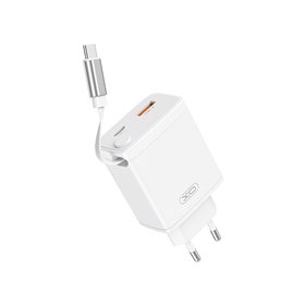 XO-seinälaturi CE31 1x USB 1x USB-C 30W valkoinen sisäänvedettävällä USB-C-kaapelilla