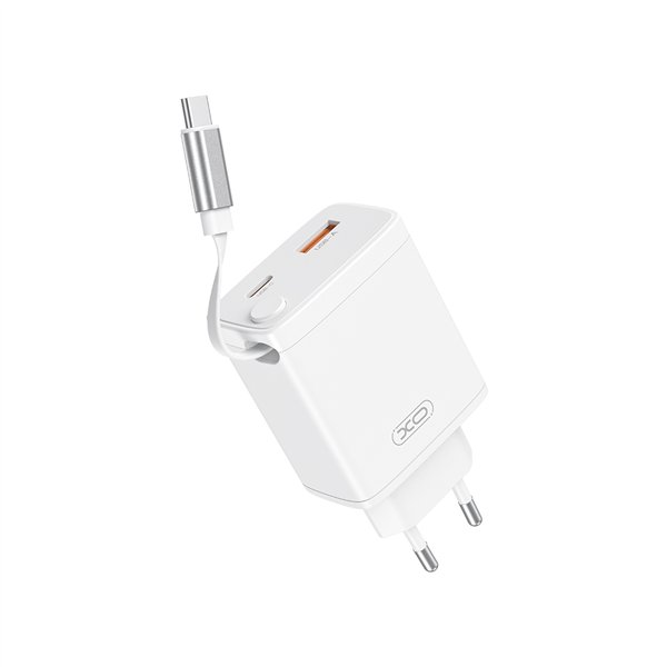 Сетевое зарядное устройство XO CE31 1x USB 1x USB-C 30 Вт, белое, с выдвижным кабелем USB-C