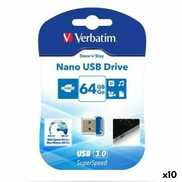 USB atmintukas Verbatim NANO STORE'N'STAY Mėlyna Juoda 64 GB (10 vnt.)