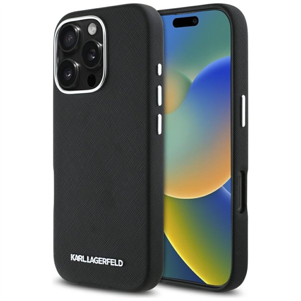 Karl Lagerfeld kietas „MagSafe FW Saffiano“ metalinis dėklas su logotipu, skirtas iPhone 16 Pro 6,3 colio, juodas