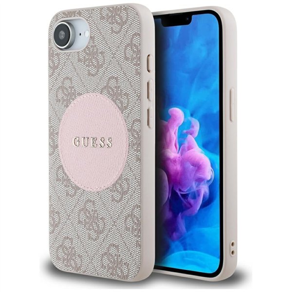 Guess HC MagSafe PU 4G Circle -suojakuori klassisella logolla iPhone 16e:lle, pinkki