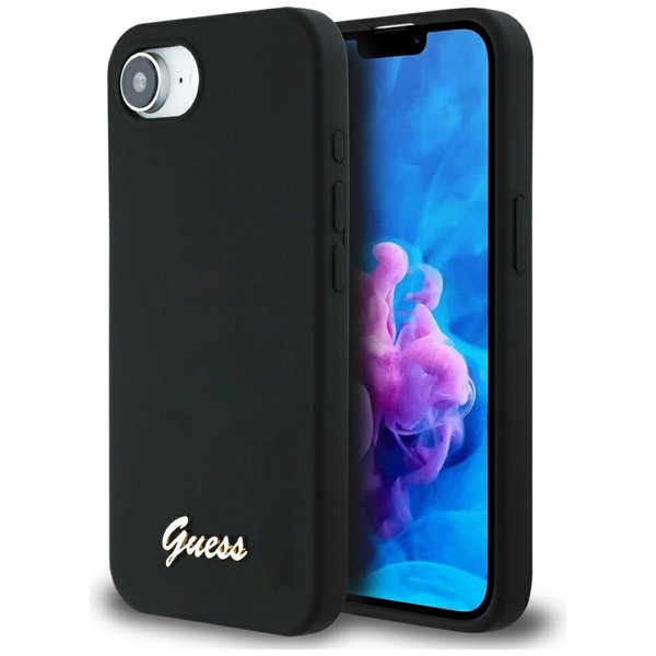 „Guess“ silikoninis metalinis dėklas „iPhone 16e“, juodas, su užrašu ant silikono
