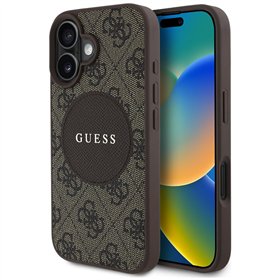 Guess HC MagSafe PU 4G Circle -suojakuori klassisella logolla iPhone 16:lle, ruskea