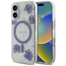 Guess HC MagSafe sveķu ziedu un mirdzumu maciņš iPhone 16 tālrunim ar violetu apdruku
