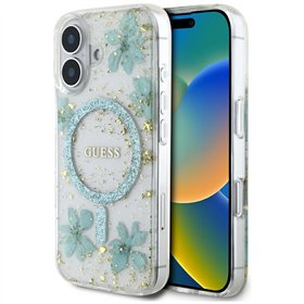 Guess HC MagSafe -hartsikukat ja kimalle iPhone 16 -suojakuori turkoosi