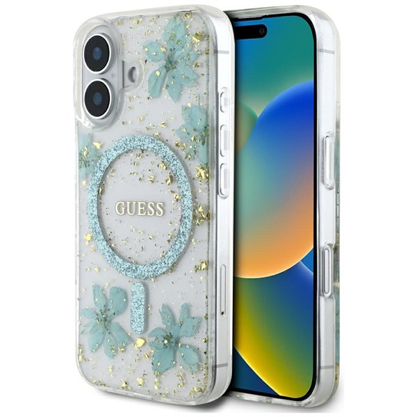 Чехол Guess HC MagSafe Resin Flowers and Glitter для iPhone 16, бирюзовый