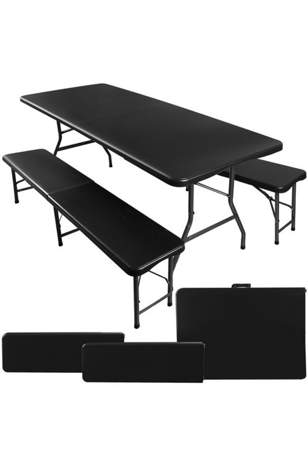 Folding garden table 180cm + 2 benches - black