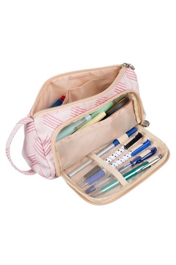 School Pencil Case Two-Compartment Folding Pouch Double Pink for Children