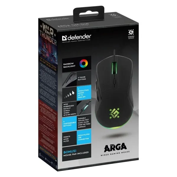 Žaidimų pelė Defender GM-049 ARGA Juoda 3600 DPI