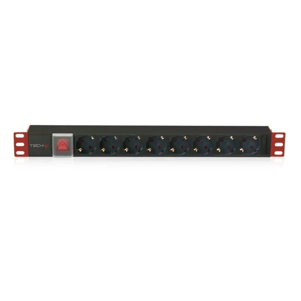 Schuko 19" 8 virzienu daudzligzdu adapteris ar ieslēgšanas/izslēgšanas slēdzi Techly I-CASE STRIP-81UD Melns Sarkans 3500 W (3 m