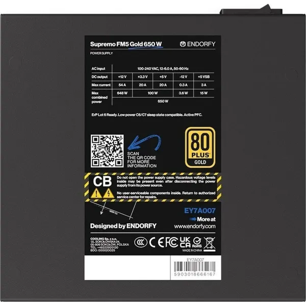 Strāvas padeve Endorfy EY7A007 ATX 650 W 80 Plus Gold