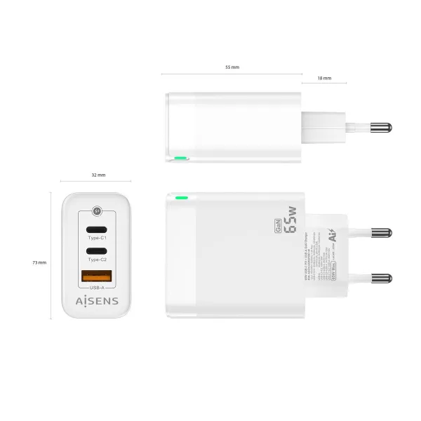 Wall Charger Aisens ASCH-65W3P007-W White 65 W