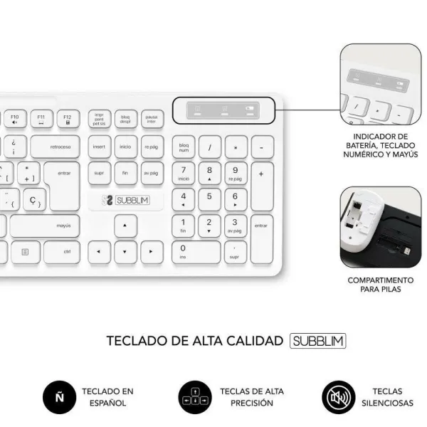 Klaviatūra ir belaidė pelė Subblim SUBKBC-CSSW11 Balta Ispaniška Qwerty