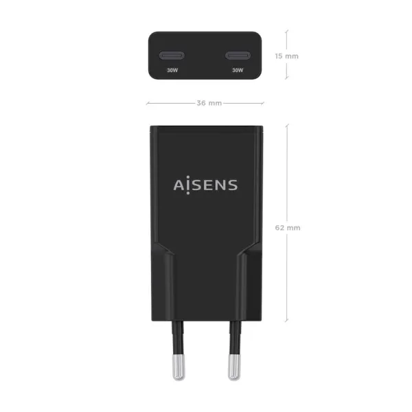 Wall Charger Aisens ASCH-30W2P049-BK Black 30 W