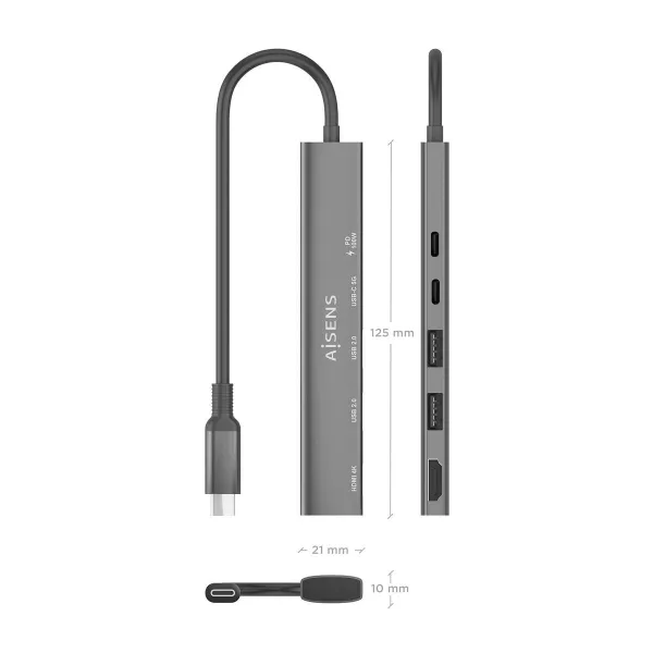 USB-keskitin Aisens USB-C DOCK 5 EN 1 GRIS Harmaa 100 W