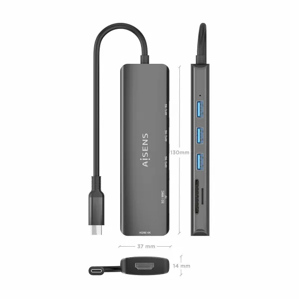 USB-разветвитель Aisens USB-C DOCK 6 EN 1 Серый