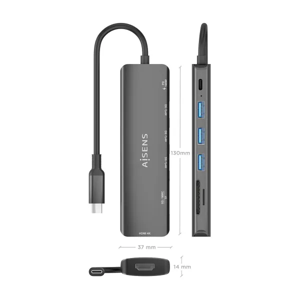 USB-разветвитель Aisens 7 EN 1 Серый 100 W