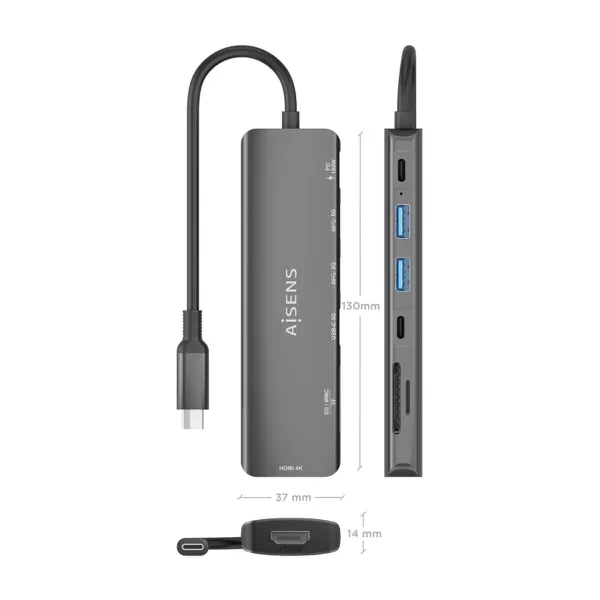USB Hub Aisens 7 EN 1 Grey 100 W