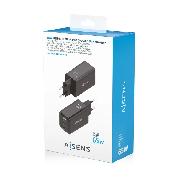 Wall Charger Aisens ASCH-65W3P073-BK Black 65 W