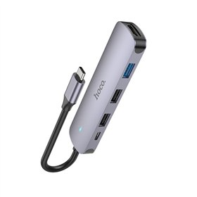 Adapteris Hoco HB27 Type-C Multi-Function Converter HDMI+USB3.0+USB2.0*2+PD pilkas