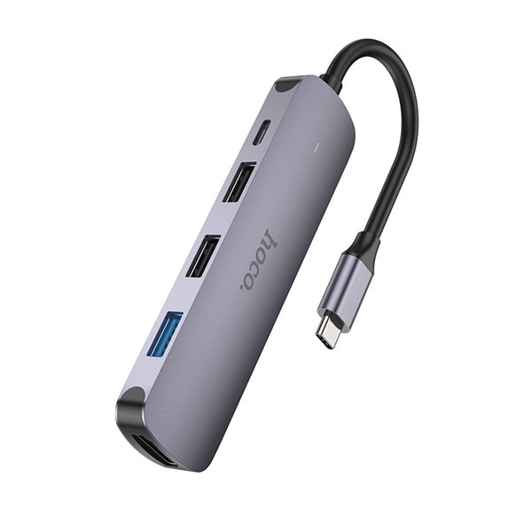 Adapteris Hoco HB27 Type-C Multi-Function Converter HDMI+USB3.0+USB2.0*2+PD pilkas