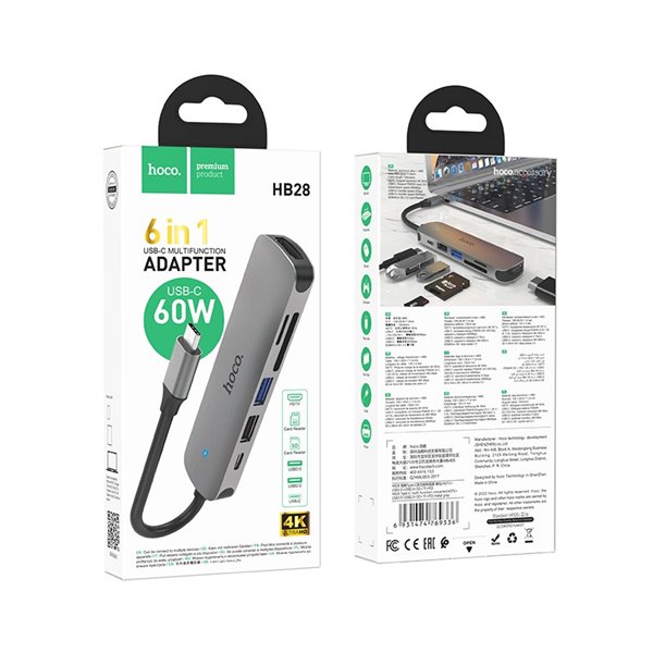 Adapter HB28 Type-C multi-function converter HDMI+USB3.0+USB2.0+SD+TF+PD grey