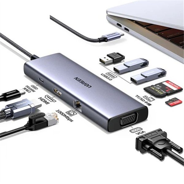 Adapteris Ugreen CM498 USB-C to 2xUSB-A + USB-C + HDMI + SD/TF + PD pilkas