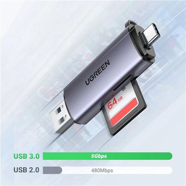 Atminties kortelių skaitytuvas Ugreen CM185 USB-A 3.0/USB-C 3.1 to TF/SD (50706) pilkas
