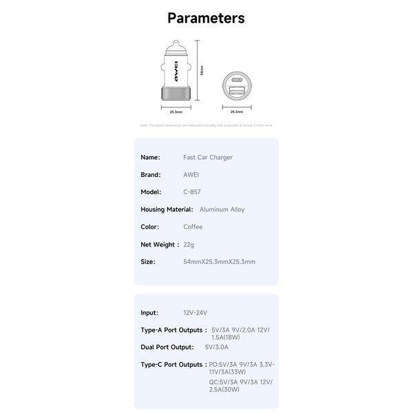 Car charger Awei C-857 33W USB-C/USB-A black