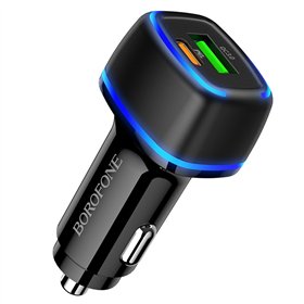 Automobilinis įkroviklis Borofone BZ14A PD20W+QC3.0 su 2 USB jungtimis (Type-C to Lightning) juodas