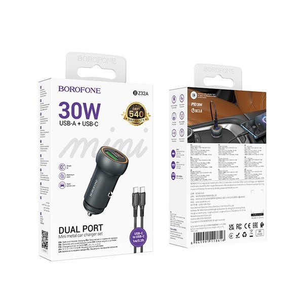 Car charger Borofone BZ32A USB-C/USB-A 30W + USB-C to USB-C cable grey