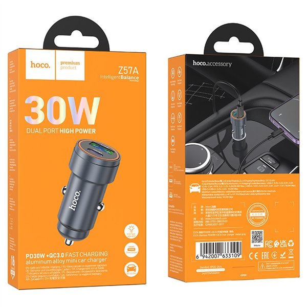 Car charger Hoco Z57A 30W USB-C/USB-A grey