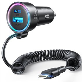 Automobilinis įkroviklis Joyroom JR-CL07 3-in-1 USB/Type-C 55W + Type-C 1.5m juodas
