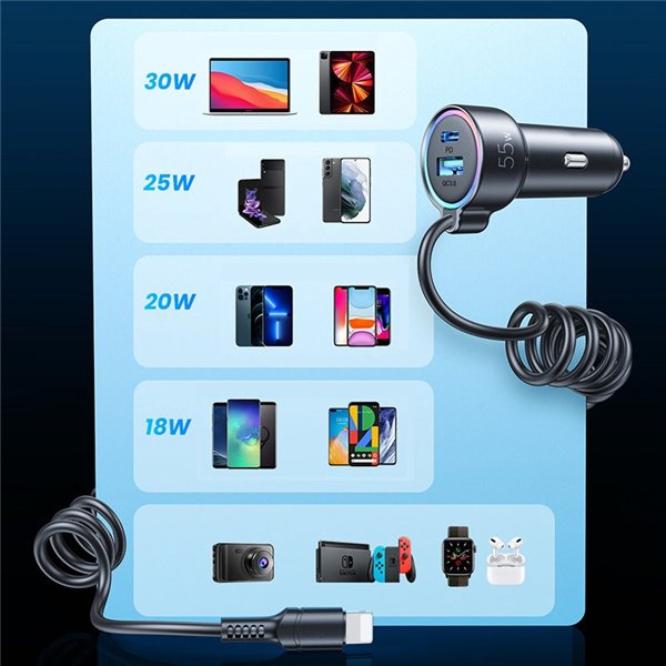 Car charger Joyroom JR-CL07 3-in-1 USB/Type-C 55W + Type-C 1.5m black