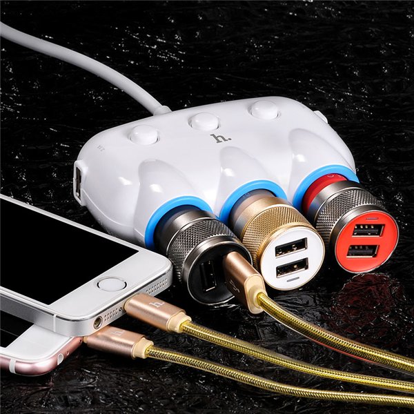 Car socket splitter Hoco C1 with 2 USB port and 3x3.(3.1A) plugs