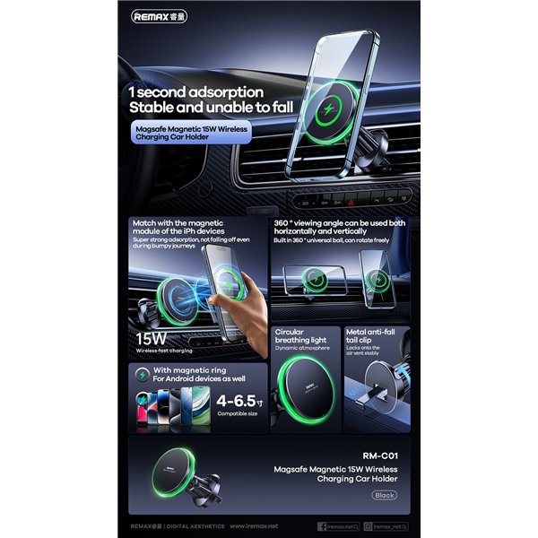 Car charger-holder magnetic Remax RM-C01 MagSafe 15W black